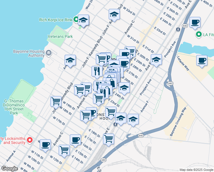 map of restaurants, bars, coffee shops, grocery stores, and more near 521 Broadway in Bayonne