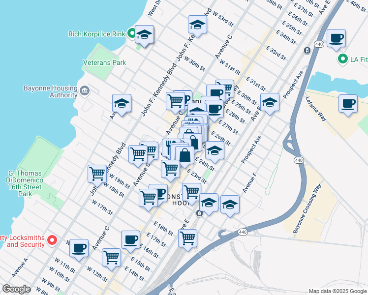 map of restaurants, bars, coffee shops, grocery stores, and more near 521 Broadway in Bayonne
