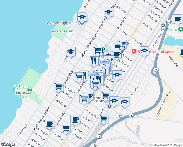 map of restaurants, bars, coffee shops, grocery stores, and more near 43 West 24th Street in Bayonne