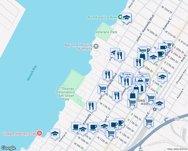 map of restaurants, bars, coffee shops, grocery stores, and more near 155 West 19th Street in Bayonne