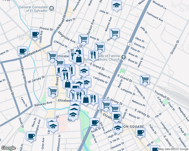 map of restaurants, bars, coffee shops, grocery stores, and more near 1045 Lafayette Street in Elizabeth
