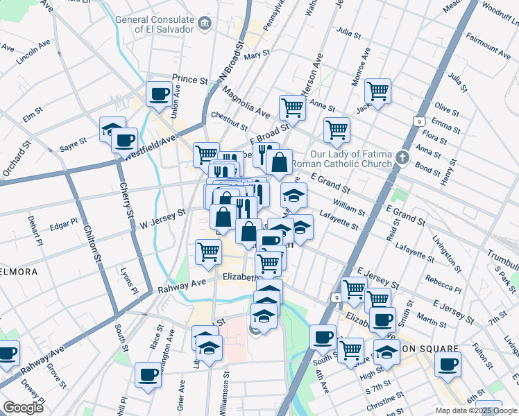 map of restaurants, bars, coffee shops, grocery stores, and more near 1135 East Jersey Street in Elizabeth