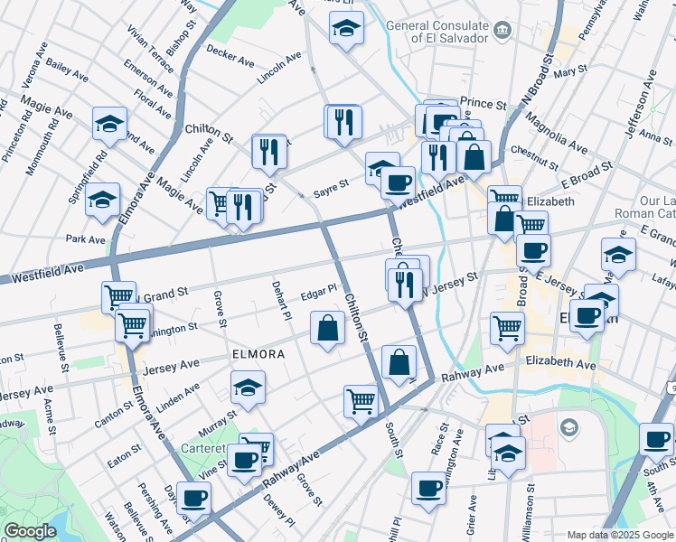 map of restaurants, bars, coffee shops, grocery stores, and more near 139 Chilton Street in Elizabeth