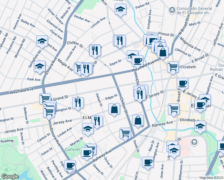map of restaurants, bars, coffee shops, grocery stores, and more near 229 Edgar Place in Elizabeth