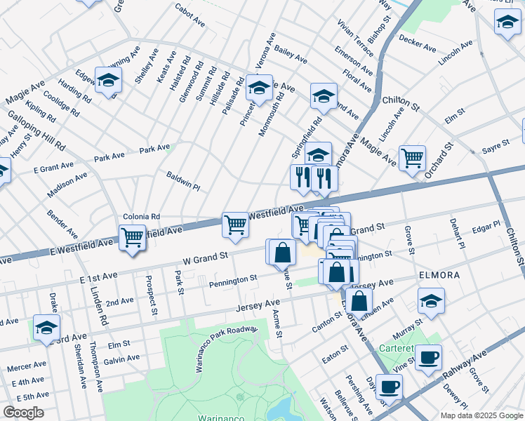 map of restaurants, bars, coffee shops, grocery stores, and more near 710 Westfield Avenue in Elizabeth