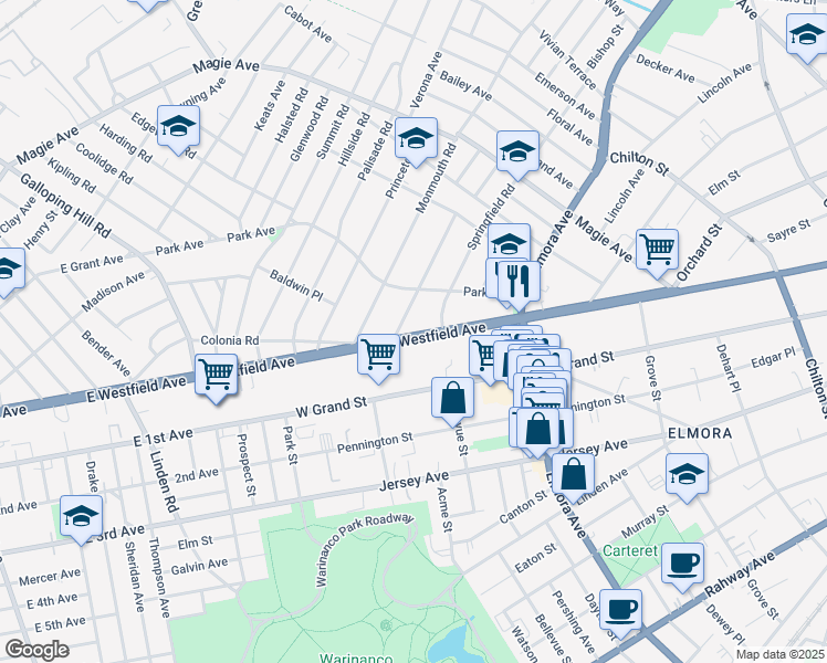 map of restaurants, bars, coffee shops, grocery stores, and more near 710 Westfield Avenue in Elizabeth