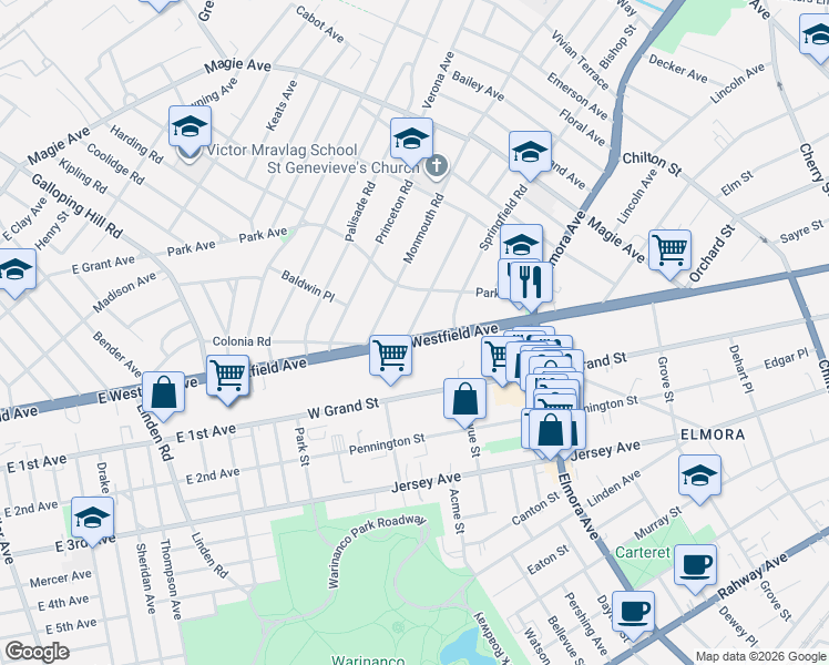 map of restaurants, bars, coffee shops, grocery stores, and more near 744 Westfield Avenue in Elizabeth