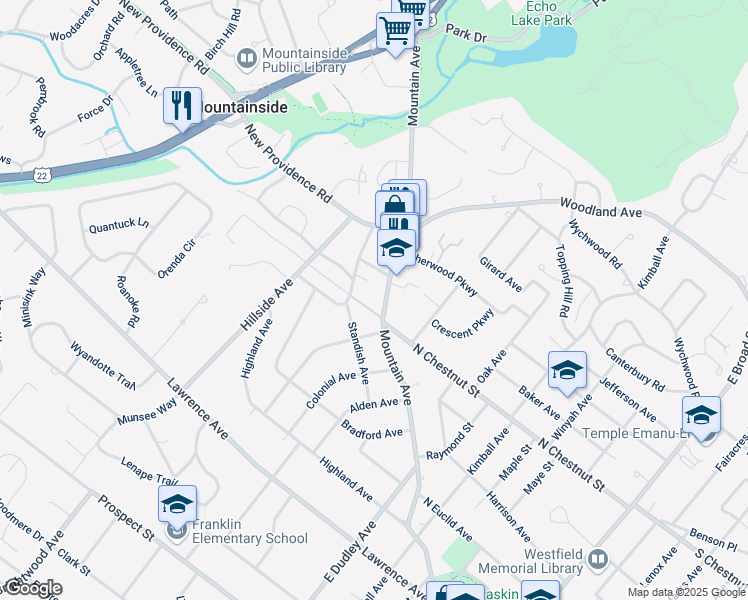 map of restaurants, bars, coffee shops, grocery stores, and more near 817 Mountain Avenue in Westfield