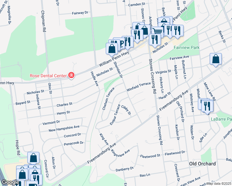 map of restaurants, bars, coffee shops, grocery stores, and more near 4309 Winfield Terrace in Easton