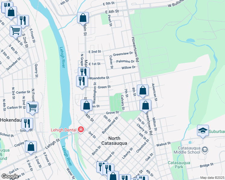 map of restaurants, bars, coffee shops, grocery stores, and more near 1503 Lincoln Street in Catasauqua
