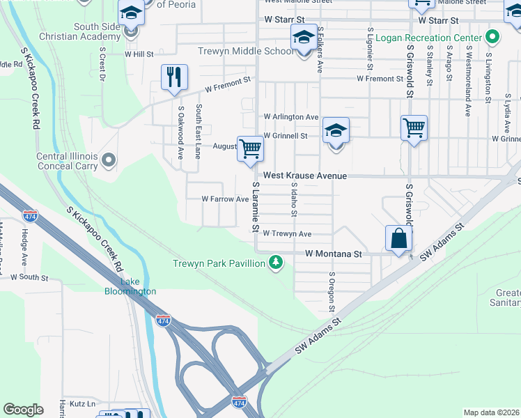 map of restaurants, bars, coffee shops, grocery stores, and more near 3024 West Meidroth Street in Peoria