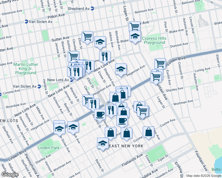 map of restaurants, bars, coffee shops, grocery stores, and more near 771 Essex Street in Brooklyn