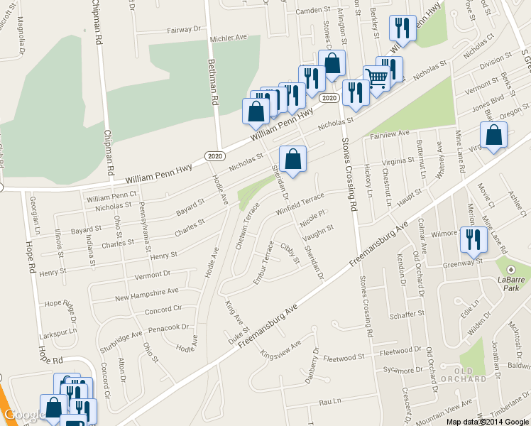 map of restaurants, bars, coffee shops, grocery stores, and more near 4309 Winfield Terrace in Easton