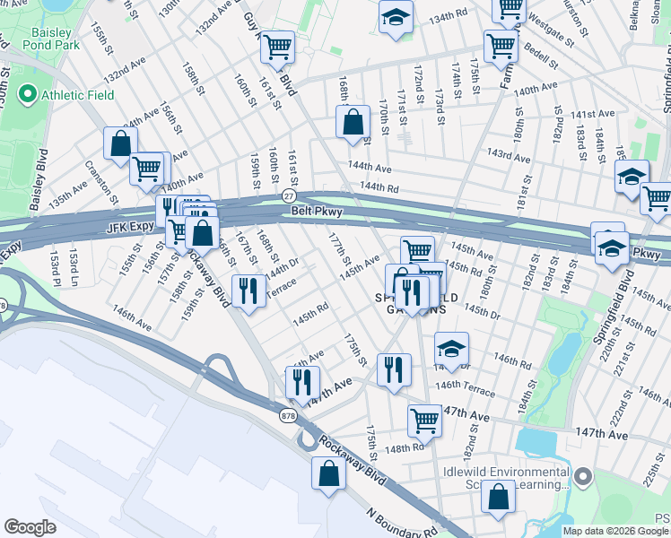 map of restaurants, bars, coffee shops, grocery stores, and more near 175-07 145th Avenue in Queens