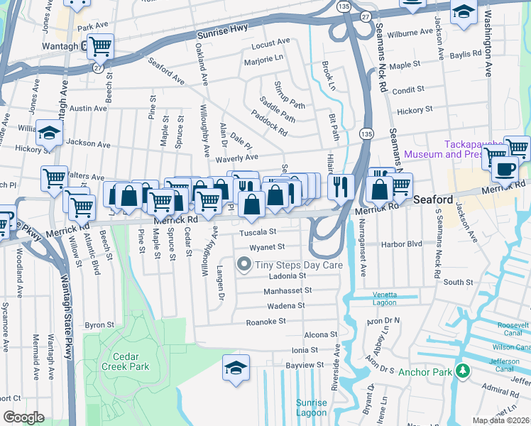 map of restaurants, bars, coffee shops, grocery stores, and more near 3570 Merrick Road in Seaford