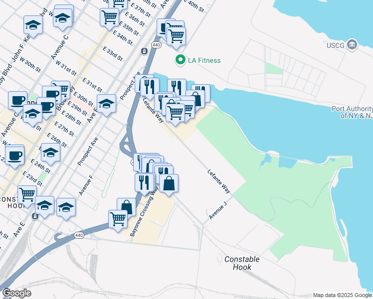 map of restaurants, bars, coffee shops, grocery stores, and more near 69 Lefante Way in Bayonne