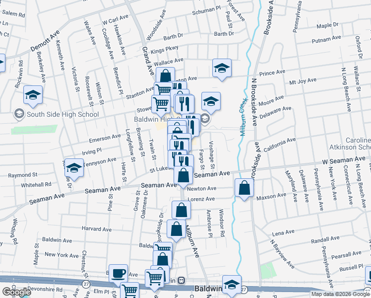 map of restaurants, bars, coffee shops, grocery stores, and more near 1848 Grand Avenue in Baldwin