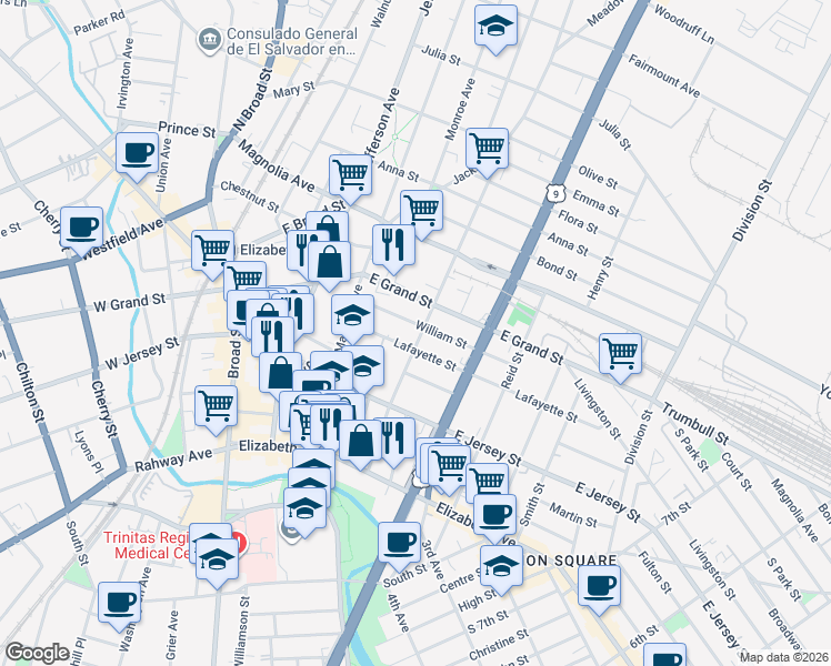 map of restaurants, bars, coffee shops, grocery stores, and more near 158 Catherine Street in Elizabeth