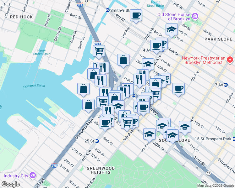 map of restaurants, bars, coffee shops, grocery stores, and more near 145 18th Street in Brooklyn