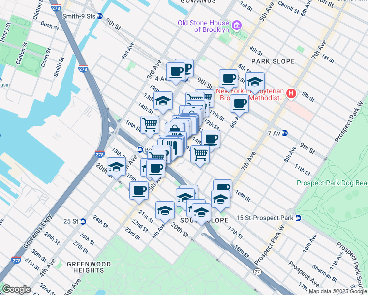 map of restaurants, bars, coffee shops, grocery stores, and more near 222 15th Street in Brooklyn