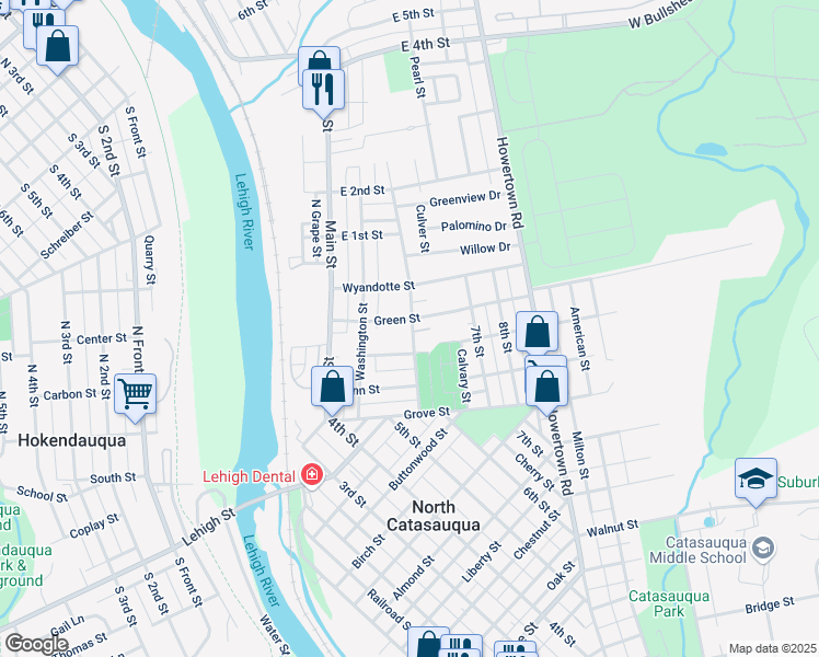 map of restaurants, bars, coffee shops, grocery stores, and more near 522 Hunter Street in Catasauqua