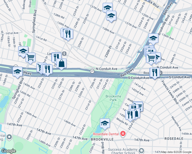 map of restaurants, bars, coffee shops, grocery stores, and more near 142-13 230th Place in Queens