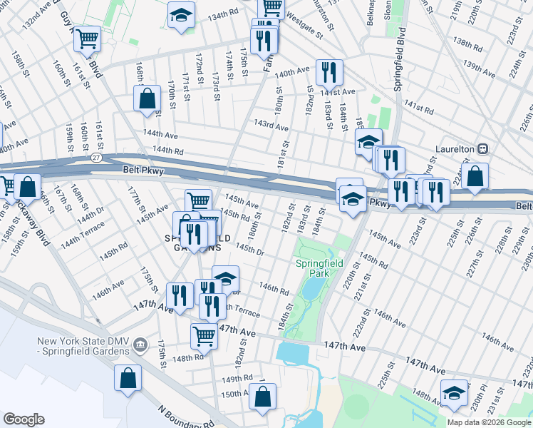 map of restaurants, bars, coffee shops, grocery stores, and more near 181-03 145th Road in Queens