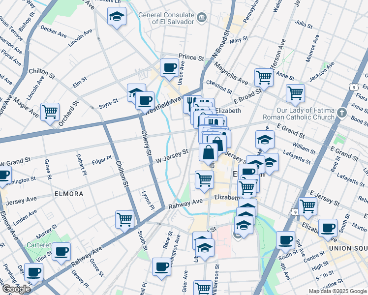 map of restaurants, bars, coffee shops, grocery stores, and more near 40 West Jersey Street in Elizabeth