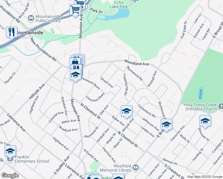 map of restaurants, bars, coffee shops, grocery stores, and more near 515 Sherwood Parkway in Westfield