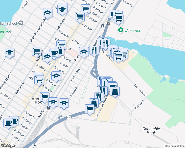map of restaurants, bars, coffee shops, grocery stores, and more near New Hook Access Rd in Bayonne