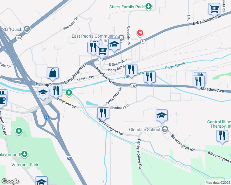 map of restaurants, bars, coffee shops, grocery stores, and more near 507 Veterans Drive in East Peoria