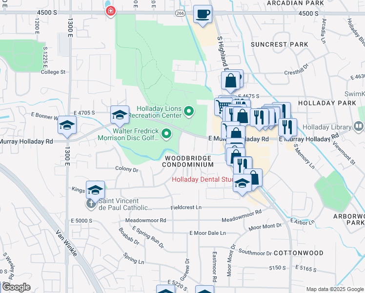 map of restaurants, bars, coffee shops, grocery stores, and more near 4791 Kings Row Drive in Holladay