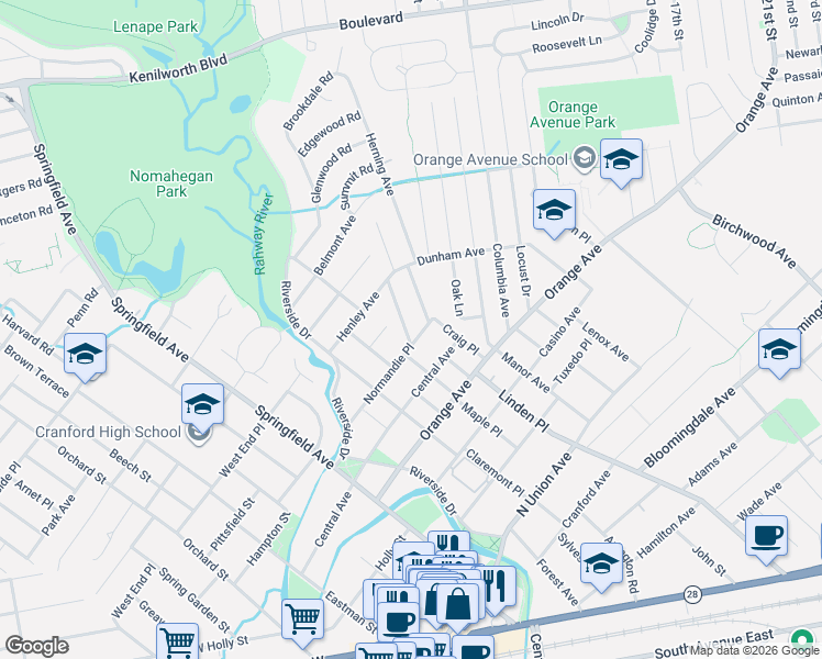 map of restaurants, bars, coffee shops, grocery stores, and more near 41 Normandie Place in Cranford