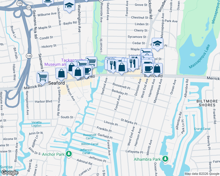 map of restaurants, bars, coffee shops, grocery stores, and more near 44 Berkeley Place in Massapequa