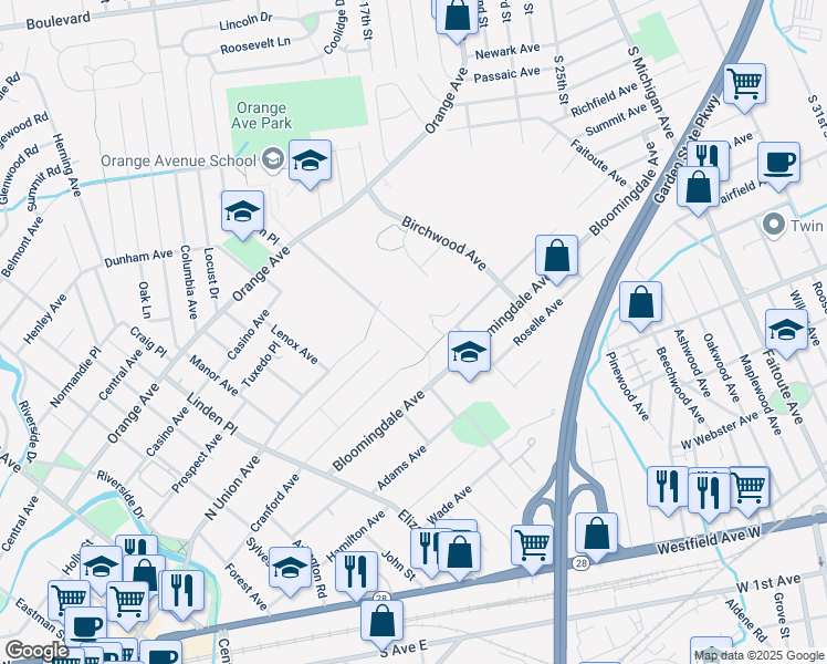 map of restaurants, bars, coffee shops, grocery stores, and more near 42 Wadsworth Terrace in Cranford
