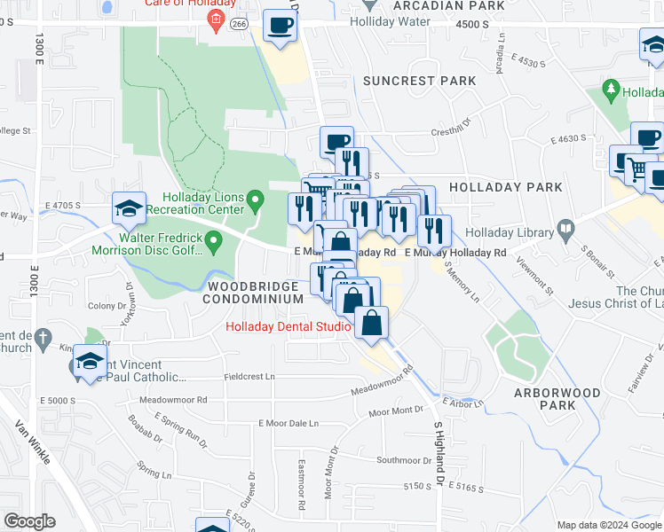 map of restaurants, bars, coffee shops, grocery stores, and more near 1814 East Murray Holladay Road in Millcreek
