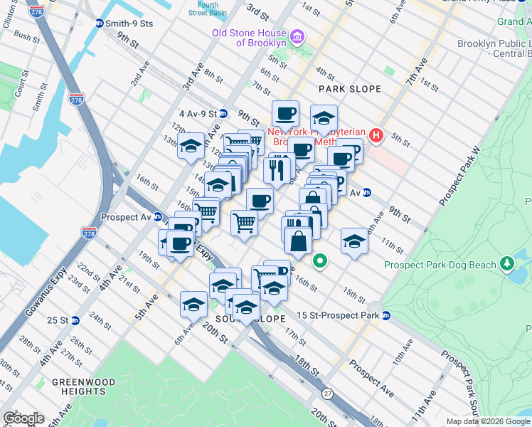map of restaurants, bars, coffee shops, grocery stores, and more near 516 6th Avenue in Brooklyn