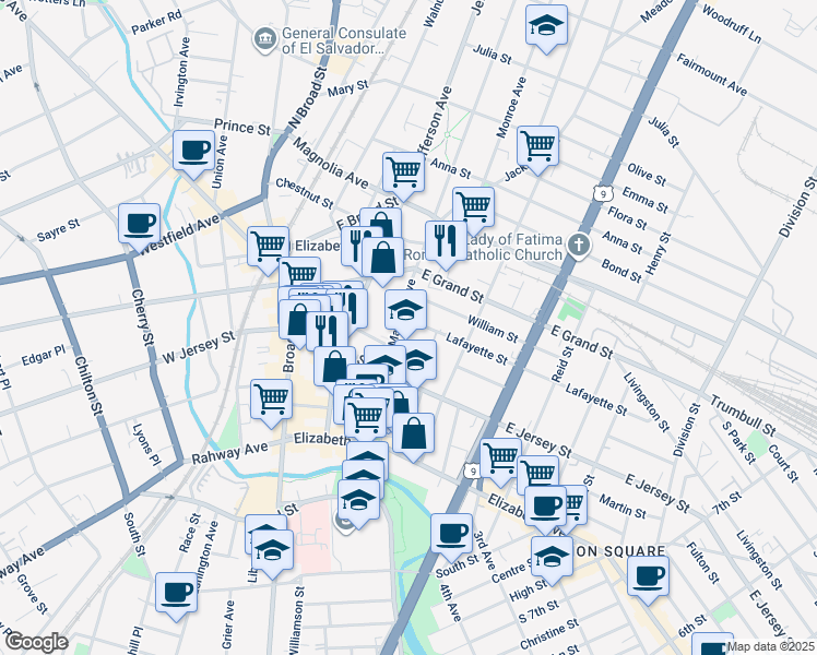 map of restaurants, bars, coffee shops, grocery stores, and more near 135 Madison Avenue in Elizabeth