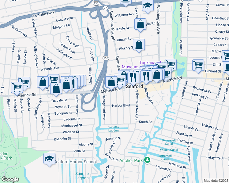 map of restaurants, bars, coffee shops, grocery stores, and more near 2292 Oakdale Avenue in Seaford