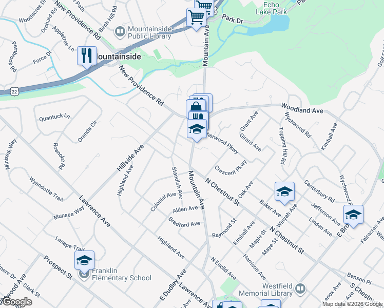 map of restaurants, bars, coffee shops, grocery stores, and more near 817 Mountain Avenue in Westfield