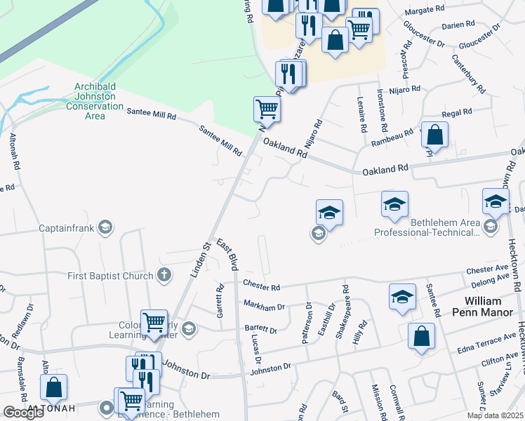 map of restaurants, bars, coffee shops, grocery stores, and more near 1744 Falcon Drive in Bethlehem