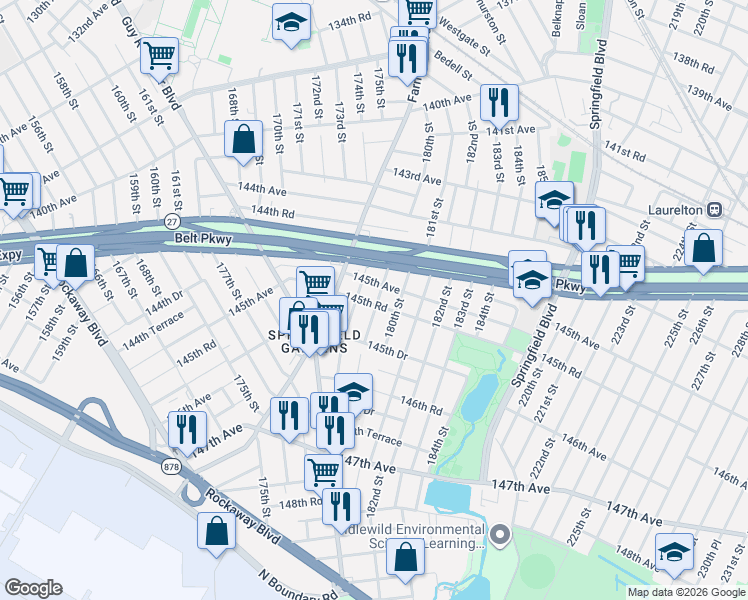 map of restaurants, bars, coffee shops, grocery stores, and more near 178-45 145th Road in Queens