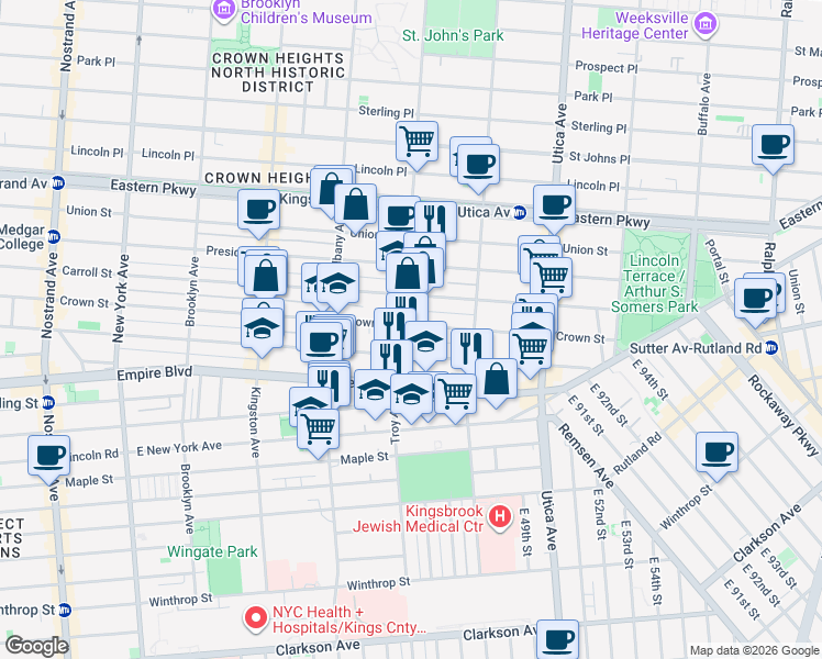 map of restaurants, bars, coffee shops, grocery stores, and more near 650 Crown Street in Brooklyn