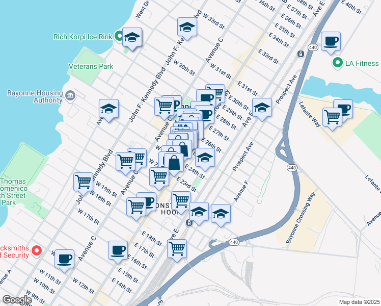 map of restaurants, bars, coffee shops, grocery stores, and more near 16 East 25th Street in Bayonne