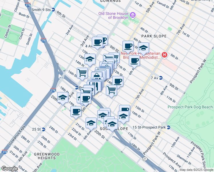 map of restaurants, bars, coffee shops, grocery stores, and more near 240 15th Street in Brooklyn