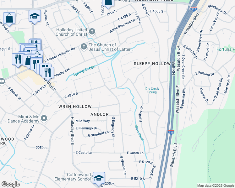 map of restaurants, bars, coffee shops, grocery stores, and more near 2792 East Wander Circle in Salt Lake City