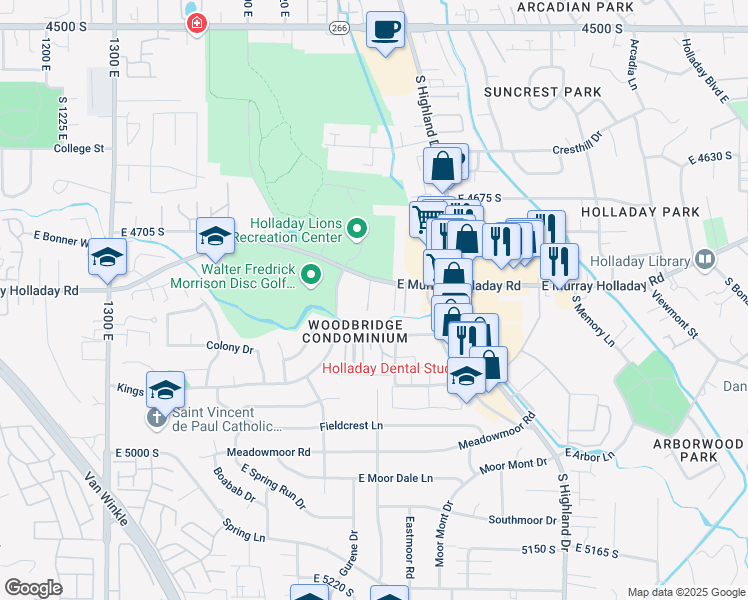 map of restaurants, bars, coffee shops, grocery stores, and more near 4821 South 1740 East in Holladay
