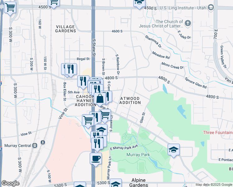 map of restaurants, bars, coffee shops, grocery stores, and more near 4912 South Wasatch Street in Murray