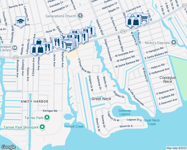 map of restaurants, bars, coffee shops, grocery stores, and more near 71/2 Dolphin Drive in Copiague