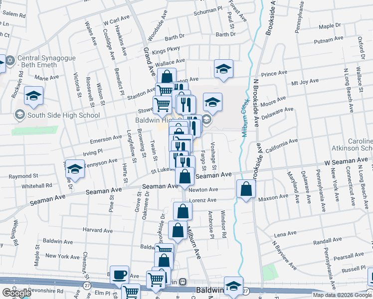 map of restaurants, bars, coffee shops, grocery stores, and more near 1848 Grand Avenue in Baldwin